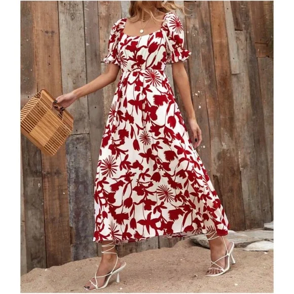 BellanBlue Dresses | Boho Red Floral Print Puff Sleeve Midi Dress Cottagecore | Color: Red/White | Size: S | Bellanblue's Closet